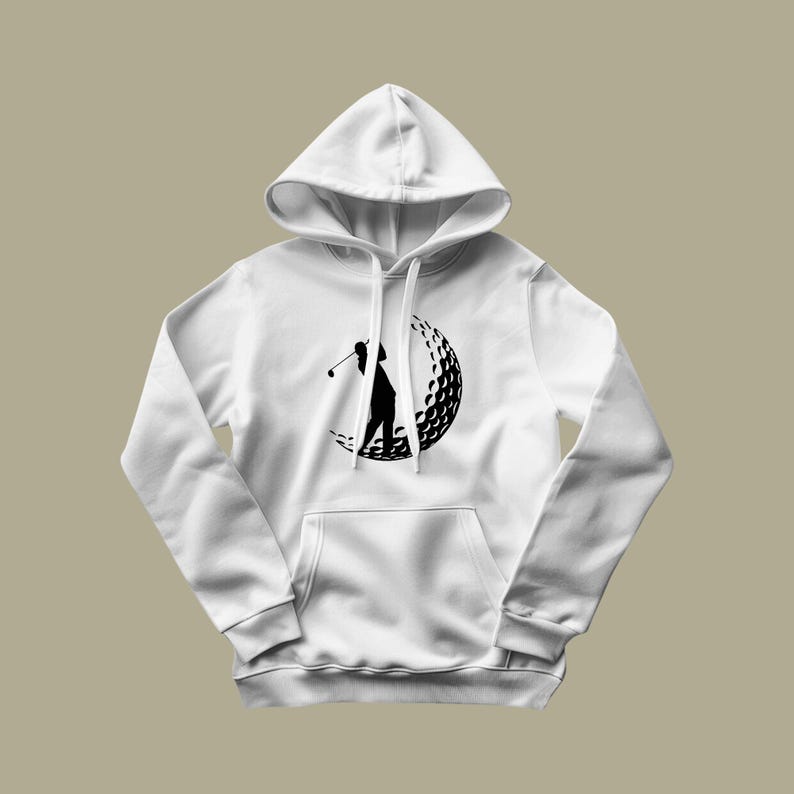 May include: White hooded sweatshirt with a black silhouette of a golfer swinging a club inside a golf ball.