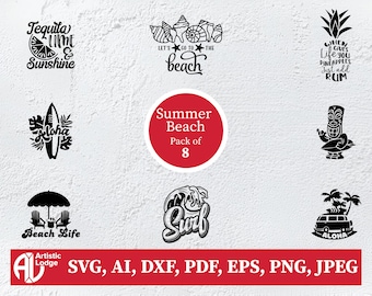 Summer Beach SVG-bundel: tropische clipart, palmboomontwerpen (digitale download)