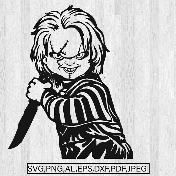 Child's Play Chucky Doll Wanna Play Scary Horror Movie 80's Retro Slasher Halloween Svg Dxf Png Jpeg t-shirt Decal Sticker CNC Laser Clipart