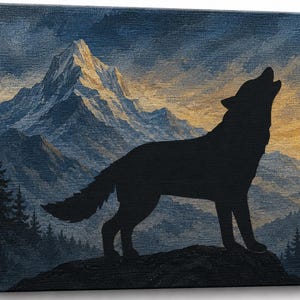 Wolf silhouette canvas wall art featuring a majestic mountain landscape at sunset, textured canvas painting with pine forest scenery, rustic wildlife home decor.

Alternative (more descriptive):

Textured canvas painting of a howling wolf silhouette standing on a rocky ridge with snow-capped mountains and pine trees in the background, dramatic wilderness wall art for cabin and lodge decor.


Howling wolf silhouette canvas painting with mountain landscape background.