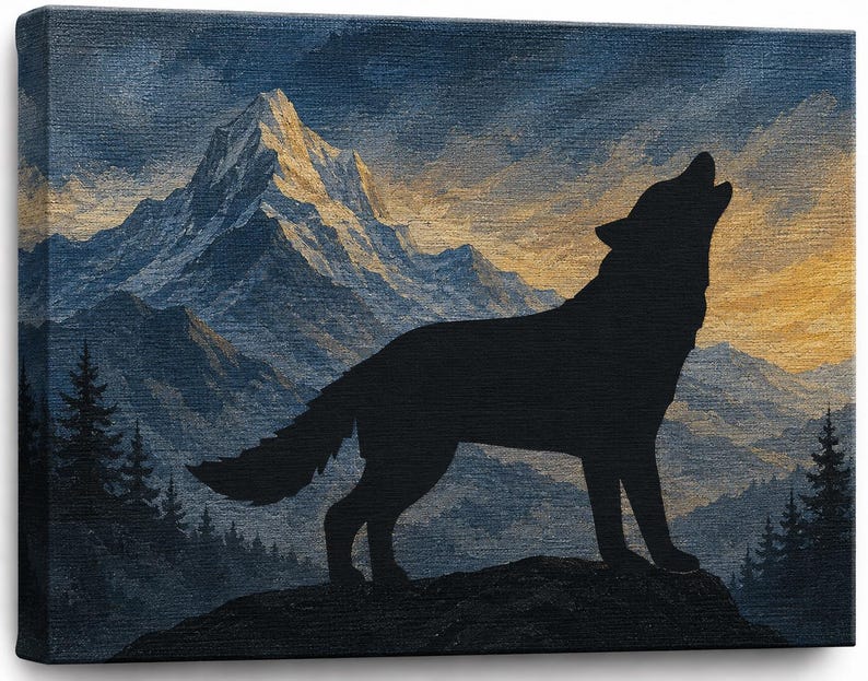 Wolf silhouette canvas wall art featuring a majestic mountain landscape at sunset, textured canvas painting with pine forest scenery, rustic wildlife home decor.

Alternative (more descriptive):

Textured canvas painting of a howling wolf silhouette standing on a rocky ridge with snow-capped mountains and pine trees in the background, dramatic wilderness wall art for cabin and lodge decor.


Howling wolf silhouette canvas painting with mountain landscape background.