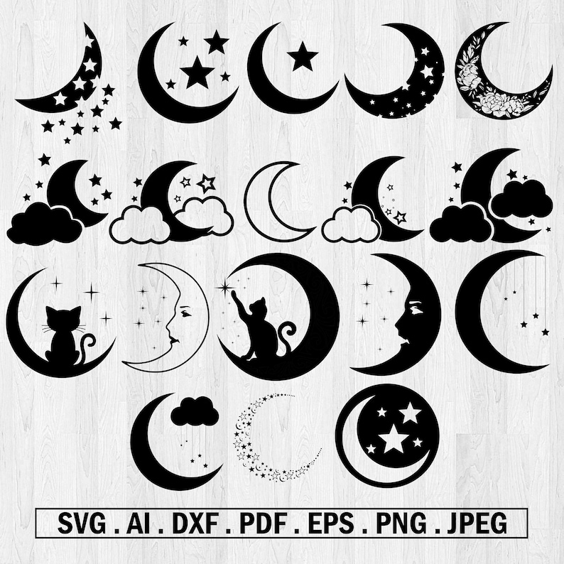 Moon and Stars Svg Bundle Moon Star Silhouette Moon Svg Etsy
