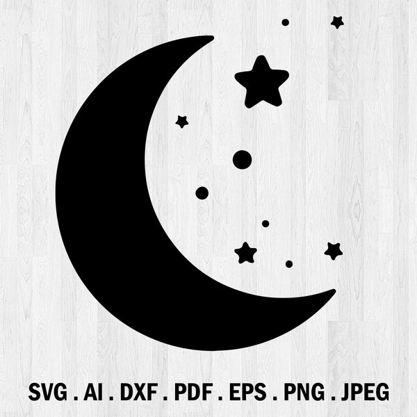 Night moon and stars (crescent). Cut files for Cricut. Clip Art silhouettes (eps, svg, pdf, png, dxf, jpeg).