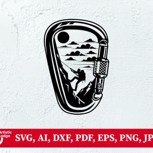 ロッククライマー カラビナ ベクター カット ファイル | 山のシーン アドベンチャー クリップアート | アウトドア シルエット デジタル ダウンロード SVG Ai Dxf Eps PNG Jpeg