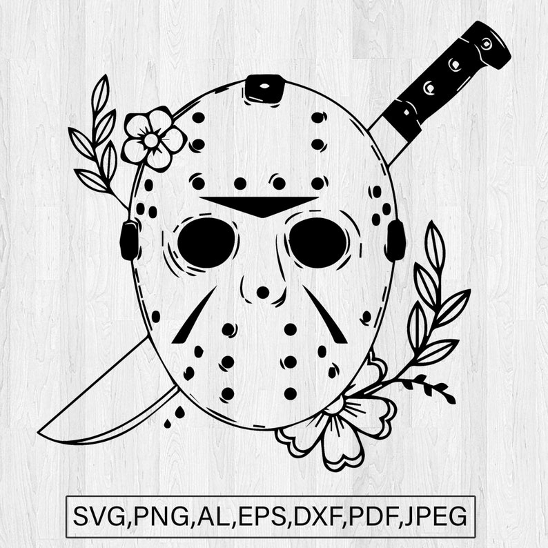 K&ouml;nnte beinhalten: Schwarz-wei&szlig;-Illustration einer Hockeymaske mit einem Messer dahinter. Die Maske hat eine Blume an der Seite.
