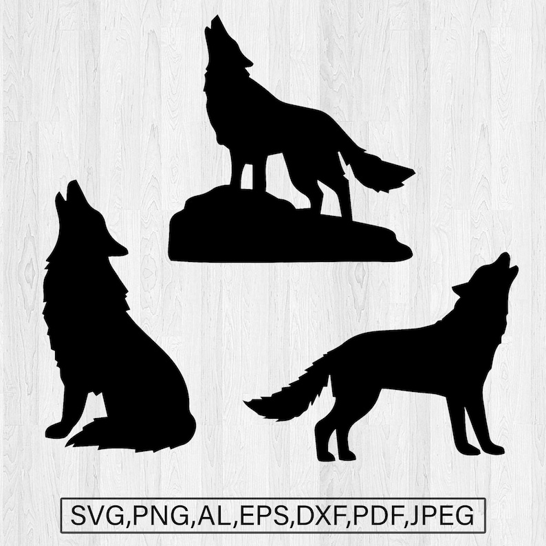 May include: Three black silhouette images of wolves howling at the moon. The wolves are in different poses, with one standing on a rock, one sitting, and one standing with its tail curled.
