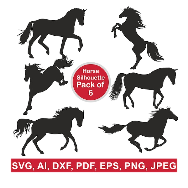 6er Pack Pferd Silhouette, Pferd läuft Schneidedateien, Cricut Datei, SVG, Vektor Datei, Pferd Design SVG - Pferd Vektor