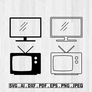Könnte beinhalten: Vier Schwarz-Weiß-Illustrationen von Fernsehgeräten. Es werden zwei moderne Flachbildfernseher und zwei Vintage-Fernseher mit Antennen gezeigt. Der untere Teil des Bildes enthält den Text: SVG.AI.DXF.PDF.EPS.PNG.JPEG.