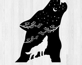 Howling Wolf Silhouette SVG, Mountain Pine Forest Design (Digital Download)