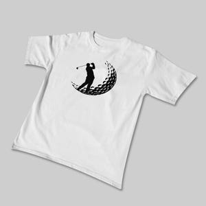 May include: White t-shirt with a black silhouette of a golfer swinging a club, with a golf ball behind him.