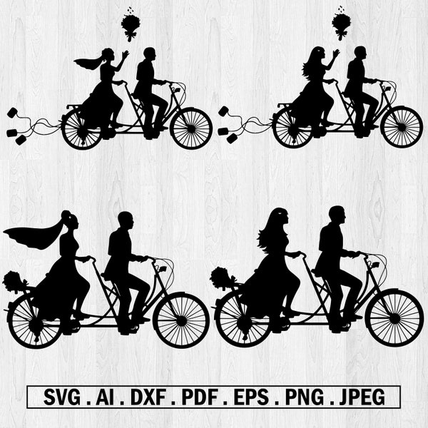 Wedding Tandem Bike Bride and Groom SVG Files for Silhouette Cameo and Cricut. Wedding Couple. Married Couple, Wedding Clipart PNG included.
