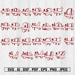 Kerst gesplitste alfabet Svg lettertype kerst monogram letters Svg alfabet nummers Svg lettertypen voor Cricut Floral alfabet Svg-bestanden voor Cricut