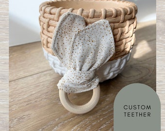 Fabric and Wooden Teether Ring, Bunny Ear Teether, Natural Baby Teething Toy. Easter Basket Idea- Baby Shower gift