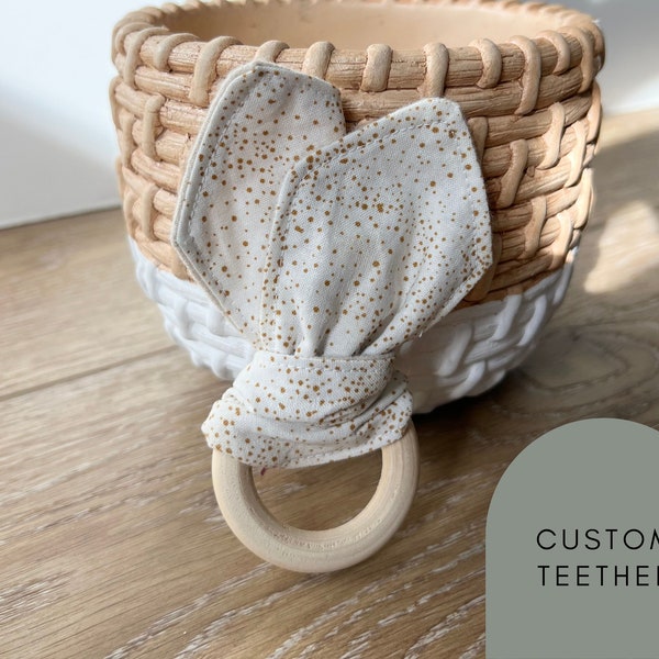 Fabric and Wooden Teether Ring, Bunny Ear Teether, Natural Baby Teething Toy. Easter Basket Idea- Baby Shower gift