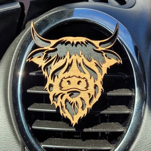 Highland Cow Vent Clip Air Freshener | Rustic Car Accessory, Wooden Cow Auto Decor | Unique Animal Lover Gift | Farmhouse Car Freshener