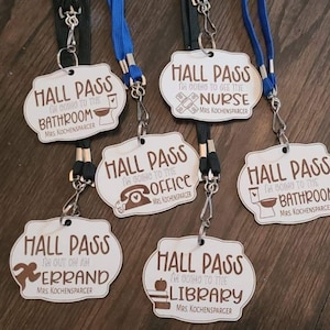 Engraved Hall Pass Set: Bathroom, Library, Nurse, Office, Errand - Personalized Teacher Lanyard Passes - School Classroom Management Tool!