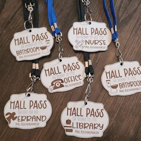 Engraved Hall Pass Set: Bathroom, Library, Nurse, Office, Errand - Personalized Teacher Lanyard Passes - School Classroom Management Tool!