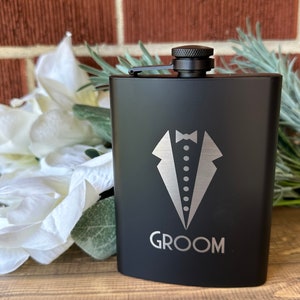 Personalized Groom Flask, Black Tuxedo Design. Engraved Wedding Gift for Groomsmen, Best Man, Father. Custom Flask, Bachelor Party Keepsake