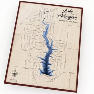 Lake Lakengren Map - Bathymetric Lake Lakengren - 3D Wood Map - Lake Art - Ohio Wall Decor - Lake House Decor - Layered Wood Map