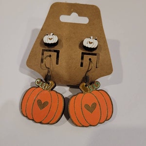 Wooden Pumpkin Earrings | Hand Painted Fall Earrings | Cute Stud & Dangle Duo | Halloween Gift | Fall and Halloween Jewelry | Nickel Free