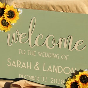 Sage Green Sunflower Wedding Sign - Welcome to Our Wedding - Custom Names & Date - Rustic Wooden Floral Decor - Personalized Couple Gift