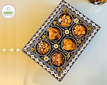 Chamakpatti Wooden Tray with Six Bowls – Traditional Pakistani Indian Art - Home Decor