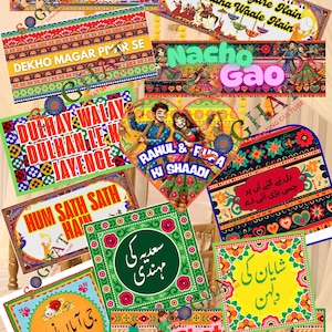 May include: A collection of colorful, decorative signs with text and illustrations. The signs feature vibrant patterns, floral designs, and phrases in various languages. Some signs have images of people and vehicles.