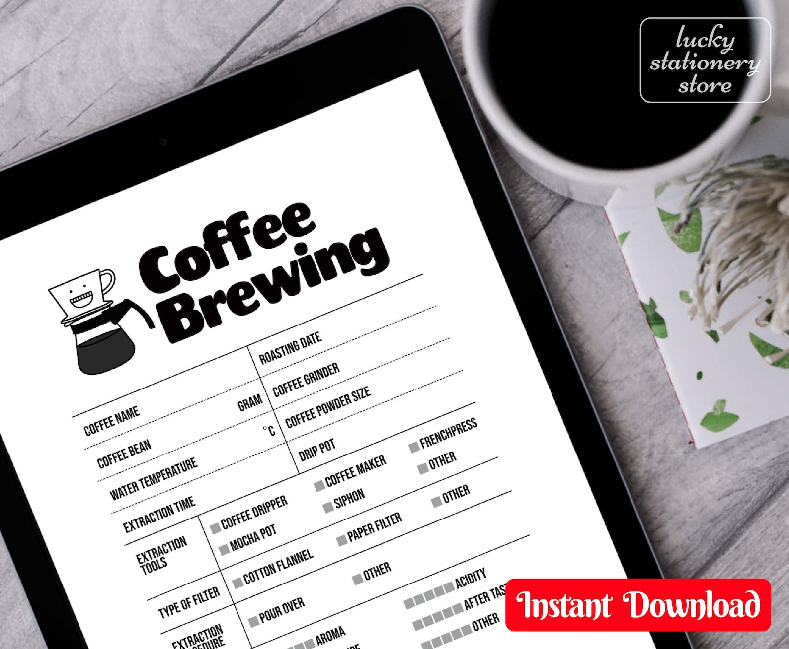 Coffee Brewing Note, Coffee Log Printable, Tablet Tasting Note, Coffee