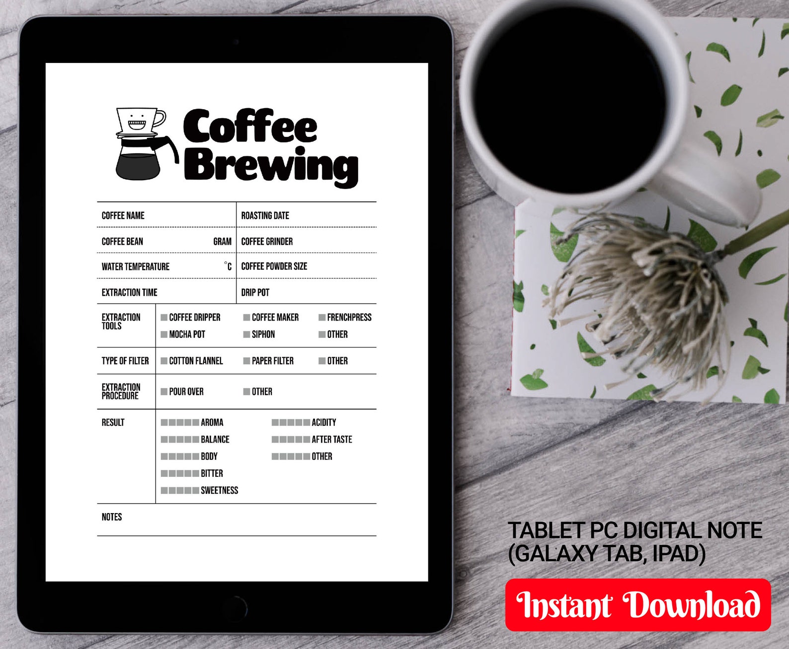 Coffee Brewing Note Coffee Log Printable Tablet Tasting Etsy