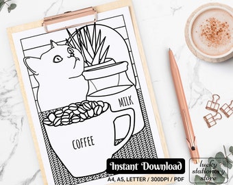 Cat Coloring, Coffee Coloring, Coloring Sheets, Coloring Pages For Adults, Coloring Pages Printable, Coloring Book Pages, Coloring