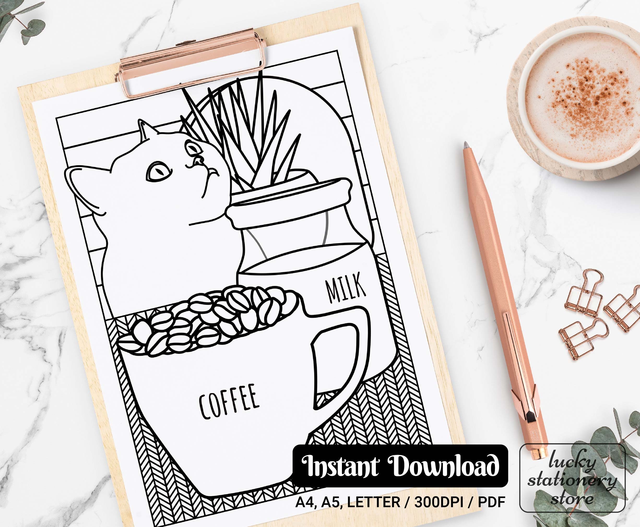 Cat Coloring, Coffee Coloring, Coloring Sheets, Coloring Pages for
