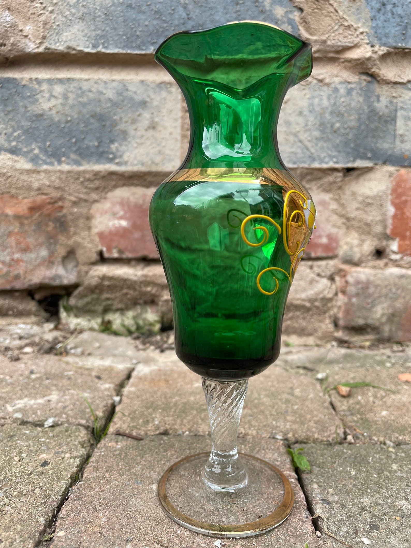 Art Nouveau Green Glass Hand Painted Flowers Cup Vase Vintage Etsy