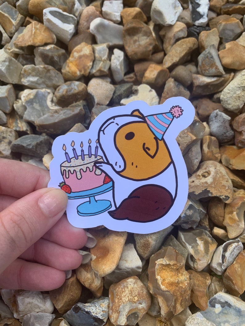 K&ouml;nnte beinhalten: Ein Aufkleber mit einem Cartoon-Meerschweinchen, das einen rosa-blauen Partyhut tr&auml;gt und einen rosa-wei&szlig;en Geburtstagskuchen mit Kerzen h&auml;lt.