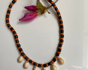 Cowrie shell  Choker with the multi colored wood beads Handmade Cowrie shell necklace, Seashell jeweler, Beach jeweler, Handmade