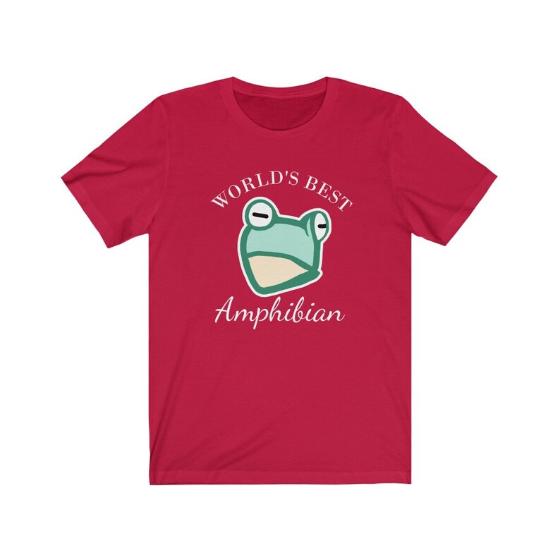 May include: Red short-sleeved t-shirt with a white cartoon frog and the text "WORLD'S BEST AMPHIBIAN".