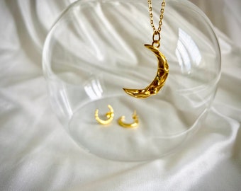 Valentine’s present 18k gold plated new moon necklace earrings jewellery set,loving gift for her,dainty minimalist