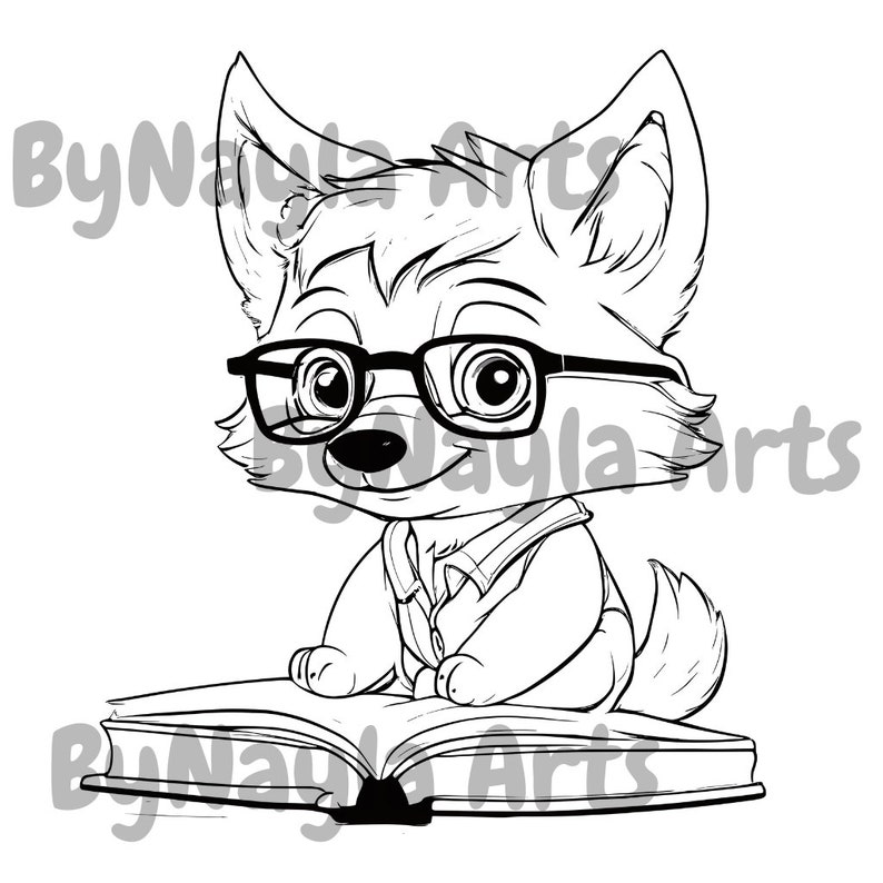 May include: A black and white line drawing of a cartoon fox wearing glasses and sitting on an open book. The fox is smiling and has a friendly expression.