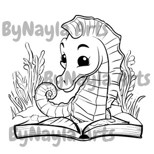 May include: A black and white line drawing of a cartoon seahorse reading a book. The seahorse is sitting on a book with its tail curled around the book. The seahorse has large eyes and a friendly expression. The seahorse is surrounded by seaweed.