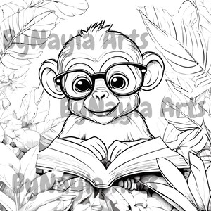 May include: A black and white illustration of a monkey wearing glasses and reading a book. The monkey is surrounded by leaves.