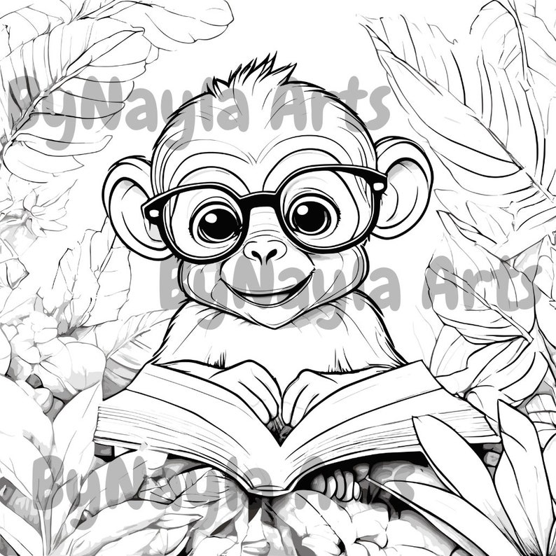 May include: A black and white illustration of a monkey wearing glasses and reading a book. The monkey is surrounded by leaves.
