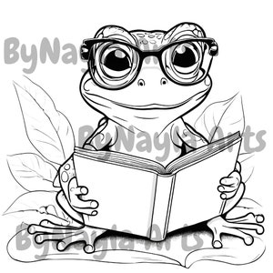 May include: A black and white line drawing of a frog wearing glasses and reading a book. The frog is sitting on a leaf.