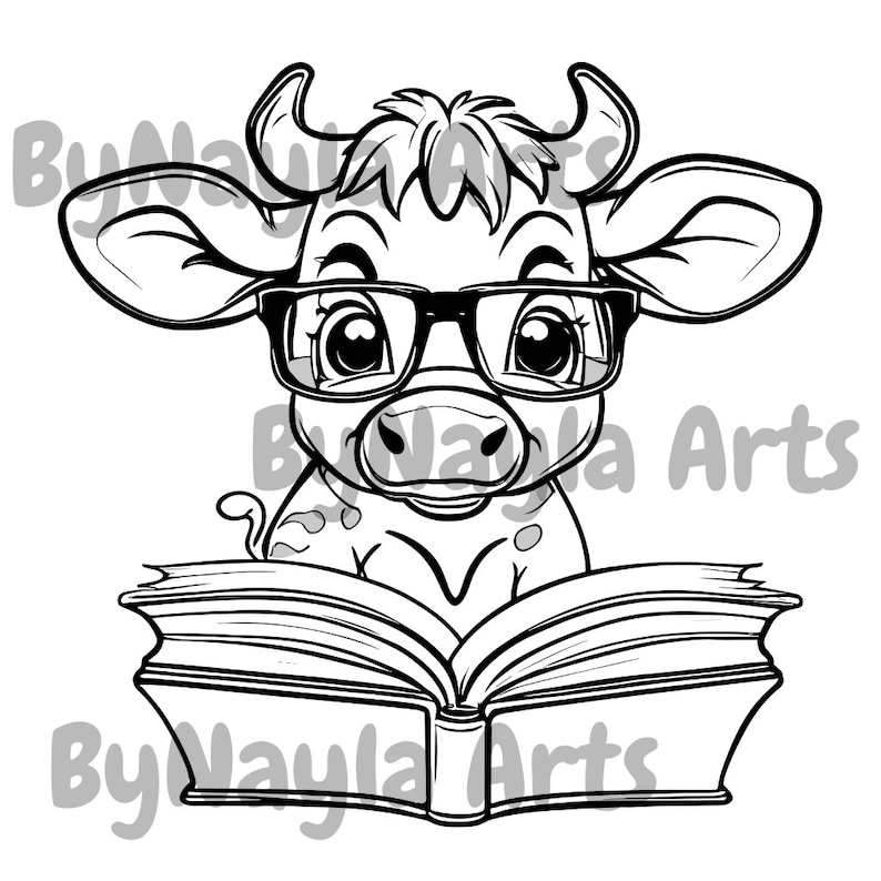 May include: A black and white line drawing of a cartoon cow wearing glasses and reading a book. The cow is smiling and has a friendly expression.