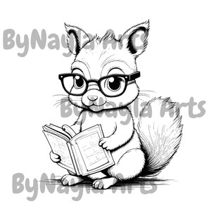 May include: A black and white illustration of a squirrel wearing glasses and reading a book. The squirrel is sitting on a surface with its tail curled behind it.