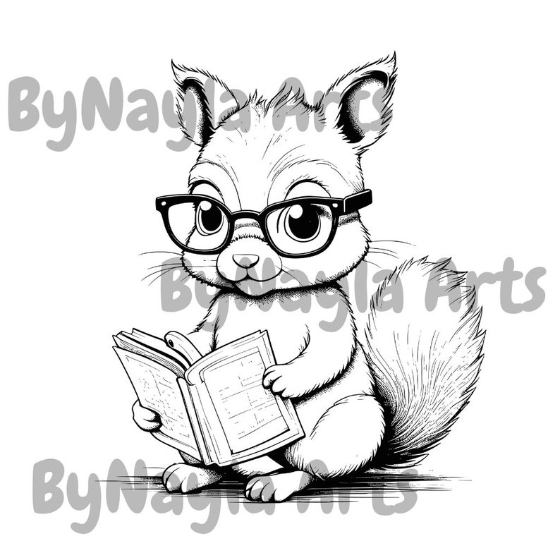 May include: A black and white illustration of a squirrel wearing glasses and reading a book. The squirrel is sitting on a surface with its tail curled behind it.