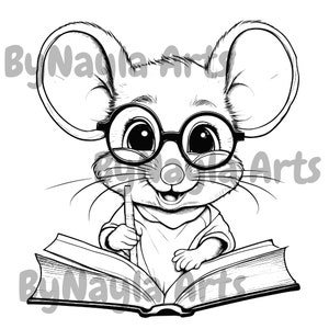 May include: A black and white line drawing of a cartoon mouse wearing glasses and holding a pencil. The mouse is sitting in front of an open book.