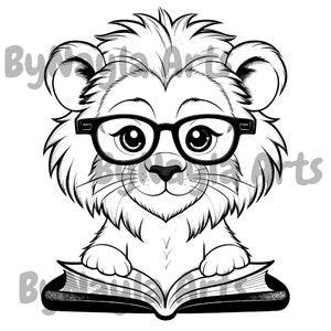 May include: A black and white illustration of a lion wearing glasses and reading a book. The lion is sitting on the book with its paws on the pages.