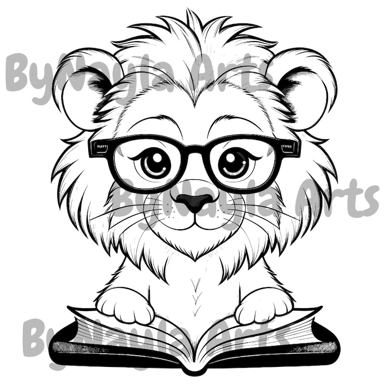 May include: A black and white illustration of a lion wearing glasses and reading a book. The lion is sitting on the book with its paws on the pages.