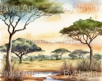 Watercolor Savannah Landscape Backgrounds, Safari Nursery Decor, African Sunset Digital Paper, Sublimation Backdrop JPG, Commercial Use