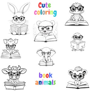 May include: Black and white line art illustration of various animals wearing glasses and reading books. The animals include a rabbit, bear, pig, elephant, cow, lion, and a crocodile. The text "Cute coloring" and "book animals" is included in the image.