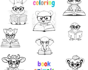 Digital Printable Coloring Book - 100 Adorable Animals with Glasses reading a book - coloring book